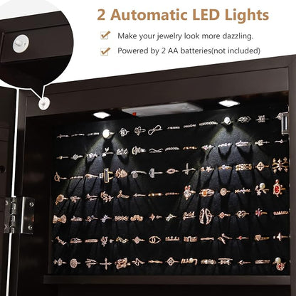 COSTWAY Wall Mounted Jewelry Armoire with Full Length Mirror & 2 LED Lights, Large Storage Capacity, Lockable Mirror Jewelry Cabinet for Women Girls (Brown)