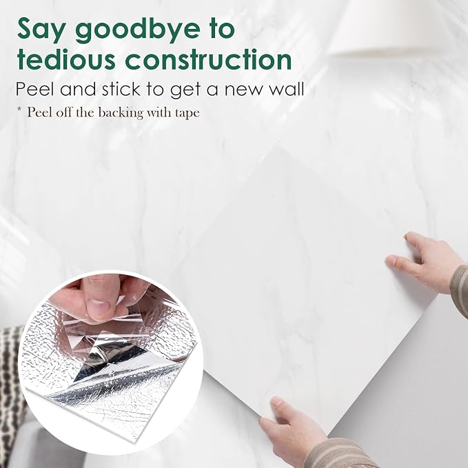 VallisCo Peel and Stick Backsplash Tiles 20 Sheets 12''x12'' PVC Self Adhesive Wall Tiles Back Splash Wall Panels Stick on Backsplash for Kitchen Bathroom Laundry Room, White