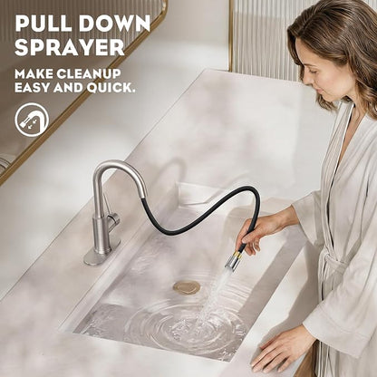 High Arc Pull Out Sprayer Bathroom Faucet,Brushed Nickel Single Handle Pull Down Faucet with Pop-Up Drain,1 or 3 Hole 2 Model RV Bar Laundry Utility Sink Faucet with Deck Plate, WE08CL-ZY-BN