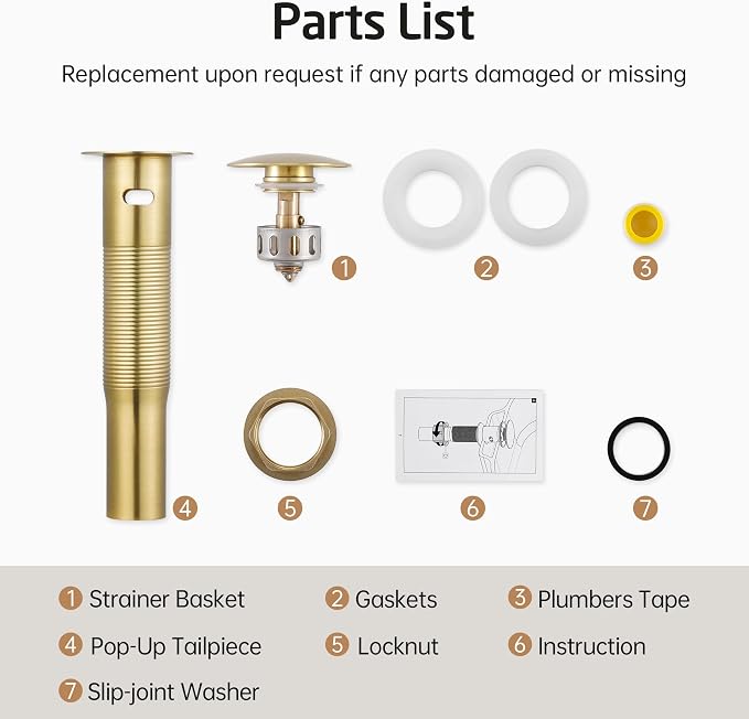 KES All Metal Bathroom Sink Drain with Strainer Basket Hair Catcher Anti Clog Pop Up Drain Stopper for Vanity Vessel Sink with Overflow, Rustproof 18/8 Stainless Steel Brushed Gold, S2013A-BZ