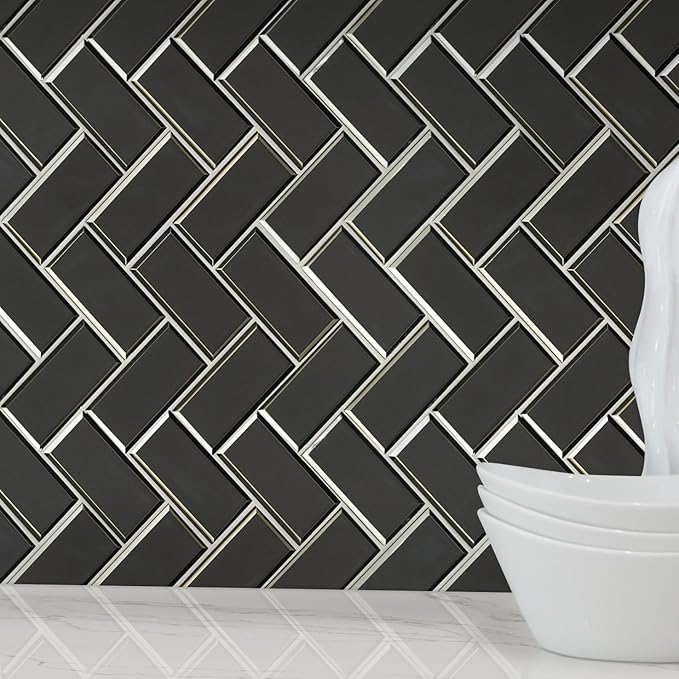 MSI Metallic Gray Bevel Herringbone Glass Tile for Kitchen Backsplash, Wall Tile for Bathroom, Accent Wall Tile, and Shower Wall Tile 13.86 in. x 11.08 in. Mesh-Mounted Mosaic Tile (10.6 sq. ft./case)