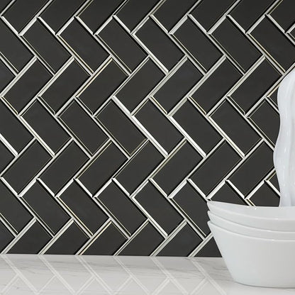 MSI Metallic Gray Bevel Herringbone Glass Tile for Kitchen Backsplash, Wall Tile for Bathroom, Accent Wall Tile, and Shower Wall Tile 13.86 in. x 11.08 in. Mesh-Mounted Mosaic Tile (10.6 sq. ft./case)