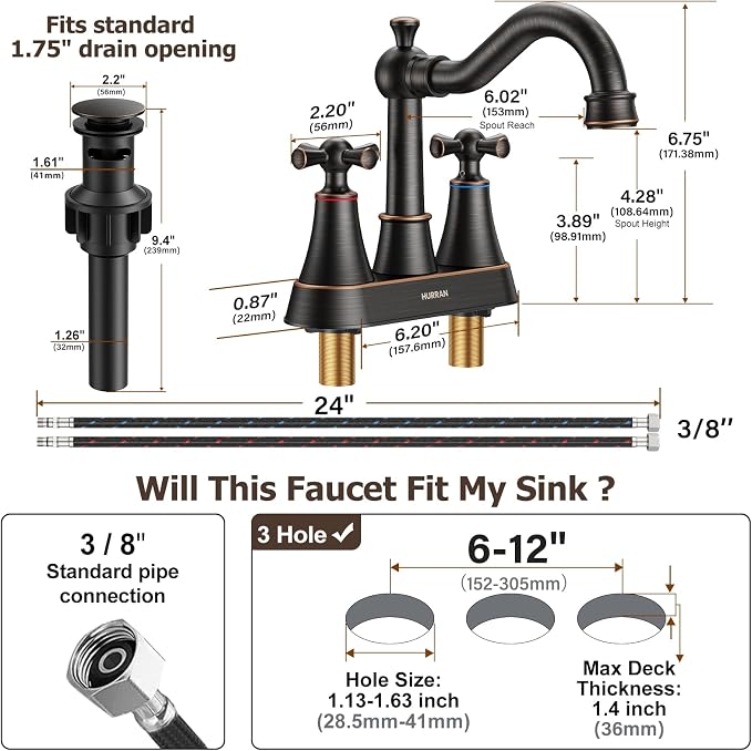 4-inch Centerset ORB Classical Bathroom Faucet, 2 Handles for 2 or 3 Hole Sink with 360° Swivel Spout, Pop Up Drain Assembly and Supply Hose for Vanity Sink Lavatory Faucet