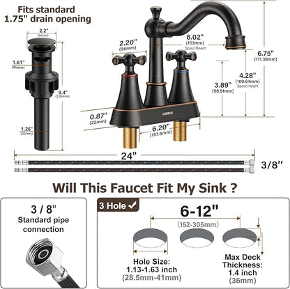 4-inch Centerset ORB Classical Bathroom Faucet, 2 Handles for 2 or 3 Hole Sink with 360° Swivel Spout, Pop Up Drain Assembly and Supply Hose for Vanity Sink Lavatory Faucet