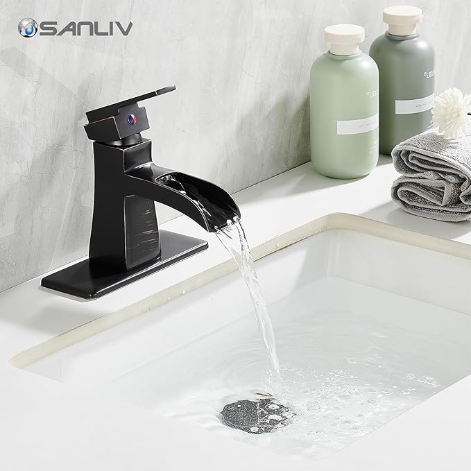 Oil-Rubbed Bronze Waterfall Bathroom Faucet, Sanliv Single Handle Centerset Bathroom Sink Faucet with Pop-Up Drain & Deck Plate for 1 or 3-Hole (4 inch) Installation, Bronze Vanity Faucet, ORB