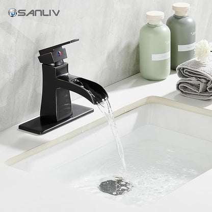 Oil-Rubbed Bronze Waterfall Bathroom Faucet, Sanliv Single Handle Centerset Bathroom Sink Faucet with Pop-Up Drain & Deck Plate for 1 or 3-Hole (4 inch) Installation, Bronze Vanity Faucet, ORB