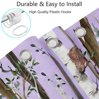 JAWO Rustic Forest Shower Curtains, Lodge Cabin Woodsy RV Shower Curtain, Wildlife Animals Woodland Campers Camping Bathroom Set with Hooks, 60X70 Inch, Purple