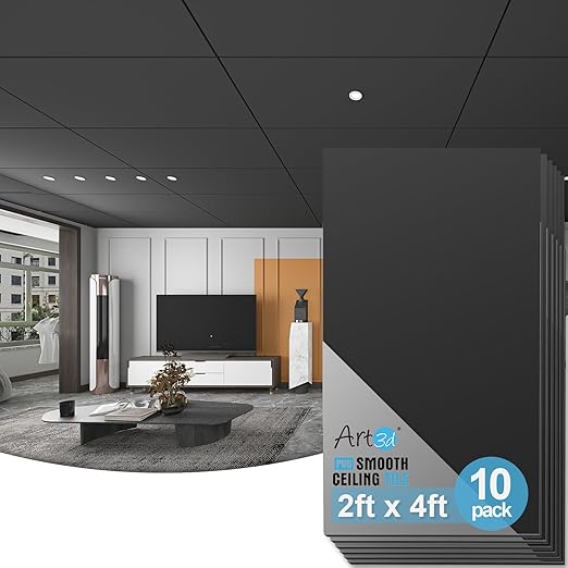 Art3d 10-Pack Smooth Drop Ceiling Tile 2ft x 4ft - Fire-Rated, Waterproof, Reusable - Premium PVC, No Sag and Breakage - Cover 80 Sq. Ft, Black | 2 x 2 ft, PVC, Waterproof, Fire-Rated, Reusable, Compatible with Grid System, Perfect for Living Room