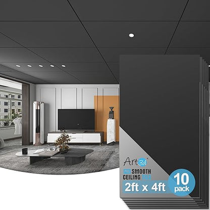 Art3d 10-Pack Smooth Drop Ceiling Tile 2ft x 4ft - Fire-Rated, Waterproof, Reusable - Premium PVC, No Sag and Breakage - Cover 80 Sq. Ft, Black | 2 x 2 ft, PVC, Waterproof, Fire-Rated, Reusable, Compatible with Grid System, Perfect for Living Room