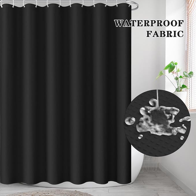 Shower Curtain Set, for Bathroom Decor 72" x 72", Modern Black | Black Waffle Textured Solid Waffle Textured Cloth Waterproof Matching Window Shower Curtain 36 x 30 Inches