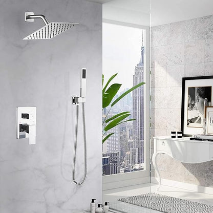 Shower System Polished Chrome Bathroom Rainfall Shower Faucet Set Complete Wall Mounted 8 Inch Shower Head and Handle Set with Rough-in Valve Body and Trim Kit