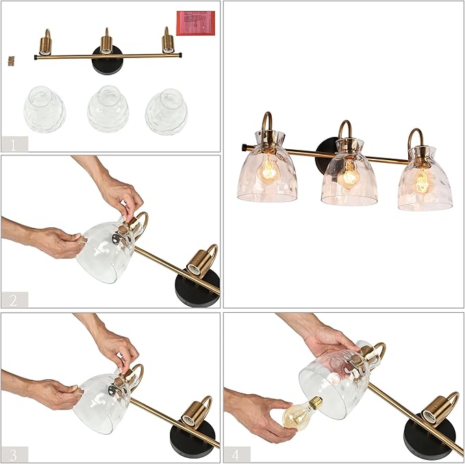 KSANA Black Gold Bathroom Light Fixtures, 3 Light Modern Vanity Lights with Textured Glass Mid-Century Bathroom Vanity Lighting for Bedroom, Kitchen, Powder Room, Black & Electroplated Brass Finish
