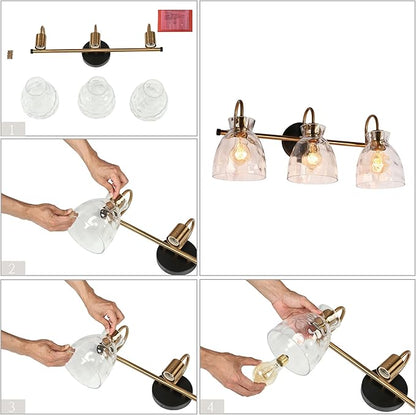 KSANA Black Gold Bathroom Light Fixtures, 3 Light Modern Vanity Lights with Textured Glass Mid-Century Bathroom Vanity Lighting for Bedroom, Kitchen, Powder Room, Black & Electroplated Brass Finish