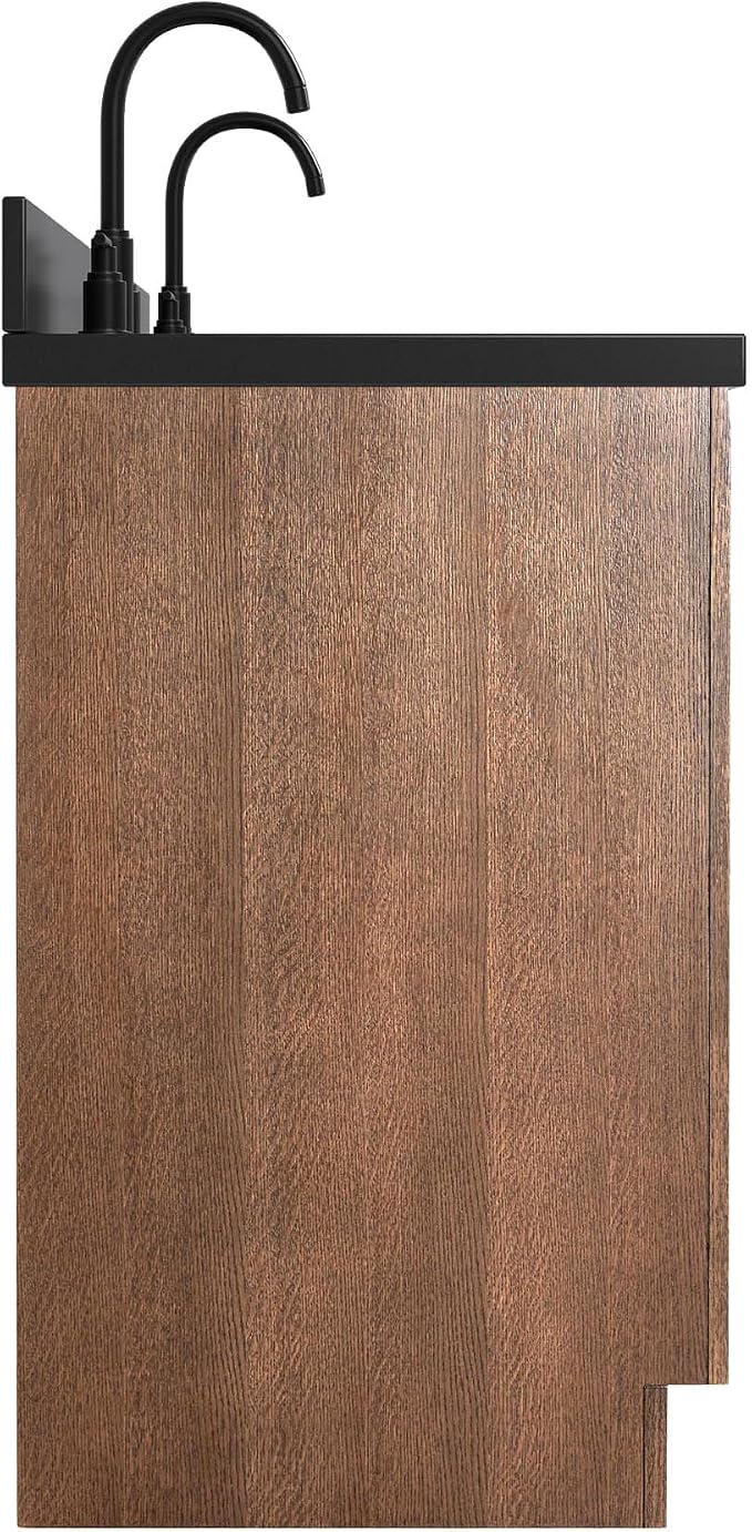 ARIEL Hepburn 60-inch Bathroom Vanity with Sink,Solid Wood, 1.5-inch Carbon Black Quartz Countertop, Double Rectangular Porcelain Sink, Soft Closing Doors, Dovetail Drawers, Brown Oak