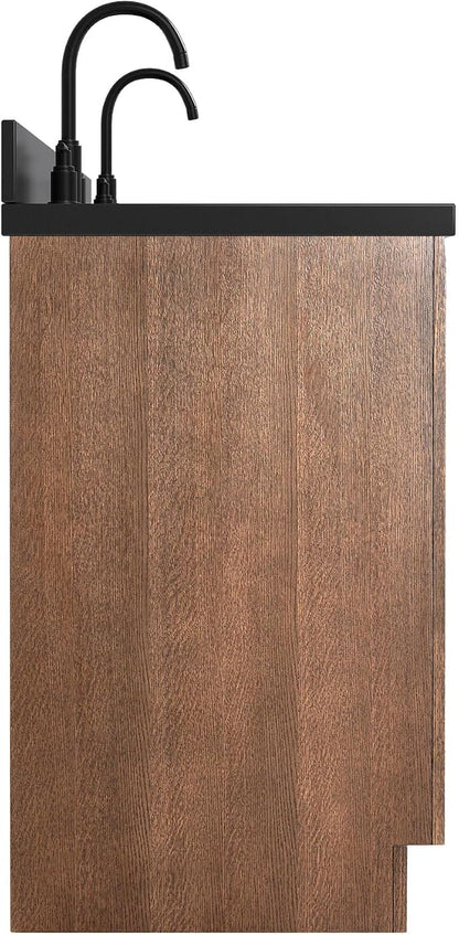 ARIEL Hepburn 60-inch Bathroom Vanity with Sink,Solid Wood, 1.5-inch Carbon Black Quartz Countertop, Double Rectangular Porcelain Sink, Soft Closing Doors, Dovetail Drawers, Brown Oak