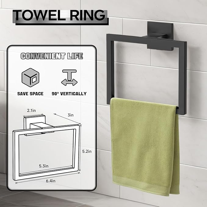 10-Piece Matte Black Bathroom Hardware Accessories Set Including 23.6 Inch Bath Towel Bar, Towel Rings, Bath Toilet Paper Holders, Robe Towel Hooks Set for Bathroom Stainless Steel Wall Mounted