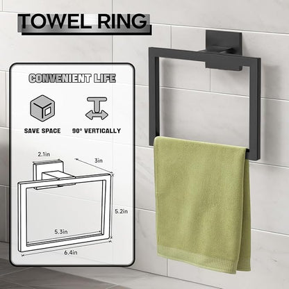 10-Piece Matte Black Bathroom Hardware Accessories Set Including 23.6 Inch Bath Towel Bar, Towel Rings, Bath Toilet Paper Holders, Robe Towel Hooks Set for Bathroom Stainless Steel Wall Mounted