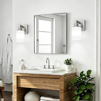 Bathroom Wall Sconces Set of 2,Brushed Nickel Wall Sconce,Vanity Light with White Glass Shade Wall Mounted Light Fixture,Farmhouse Wall Lamp for Bedroom Living Room Mirror Hallway