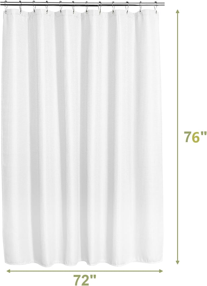 AmazerBath White Shower Curtain 76 Inches Long, Waffle Shower Curtains for Bathroom, Cloth Shower Curtain Fabric Heavy Duty 240GSM, Thick Bathroom Shower Curtains Premium Polyester, 72x76 Inches