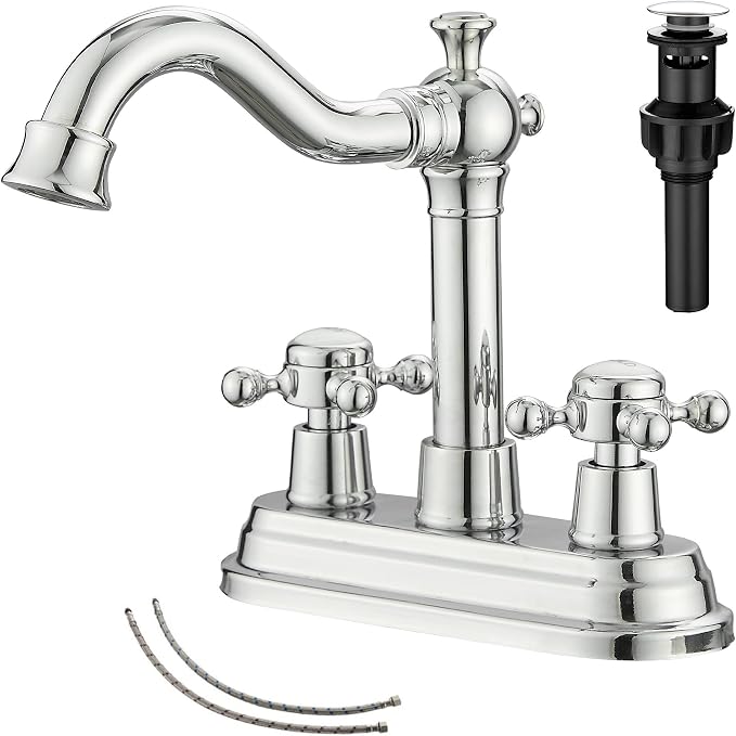 Polished Chrome Bathroom Faucet 2 Handles 4 Inches Centerset Bathroom Vanity with Drain Assembly and Supply Hose Lavatory Faucet