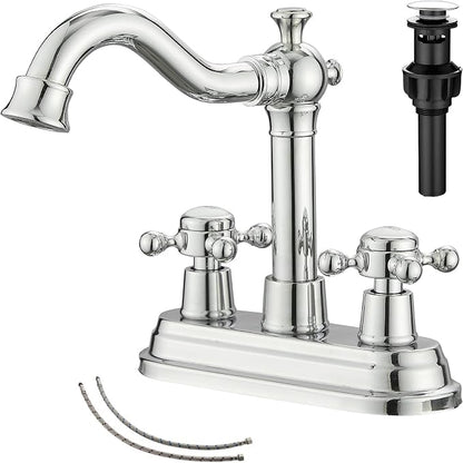 Polished Chrome Bathroom Faucet 2 Handles 4 Inches Centerset Bathroom Vanity with Drain Assembly and Supply Hose Lavatory Faucet