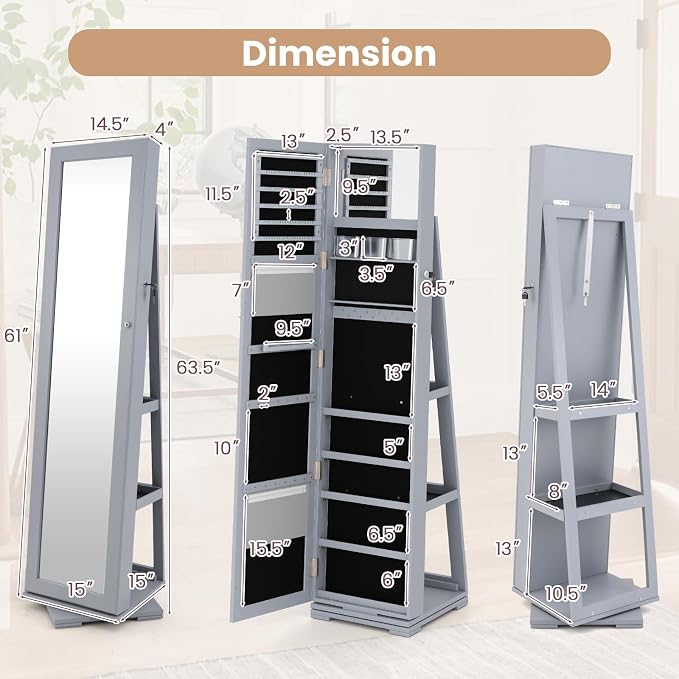 GOFLAME 360° Rotating Jewelry Armoire, Lockable Jewelry Cabinet with Full-Length Mirror & Inner Makeup Mirror, Standing Jewelry Storage Organizer with Rear Storage Shelves, Gray