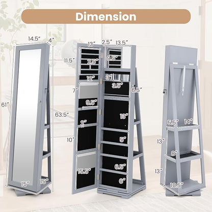 GOFLAME 360° Rotating Jewelry Armoire, Lockable Jewelry Cabinet with Full-Length Mirror & Inner Makeup Mirror, Standing Jewelry Storage Organizer with Rear Storage Shelves, Gray