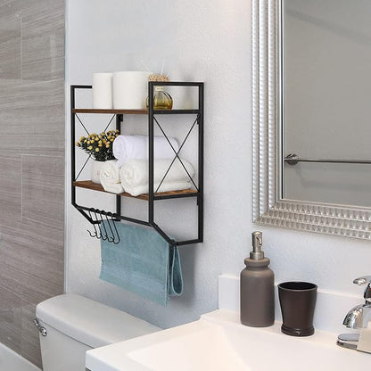 Bathroom Towel Rack 2 Tier Wall Shelf with Towel Bar, Rustic Towel Rack with Shelf for Wall Storage Shelves with Hooks Over Toilet Shelf Wall Mounted Towel Holder Shelf Floating Shelves for Home Brown