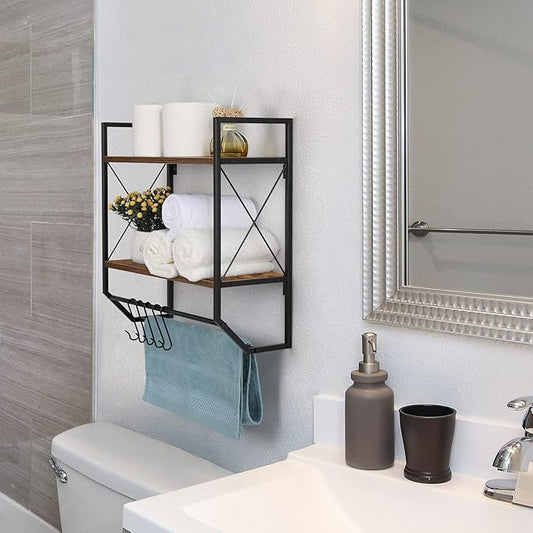 Bathroom Towel Rack 2 Tier Wall Shelf with Towel Bar, Rustic Towel Rack with Shelf for Wall Storage Shelves with Hooks Over Toilet Shelf Wall Mounted Towel Holder Shelf Floating Shelves for Home Brown