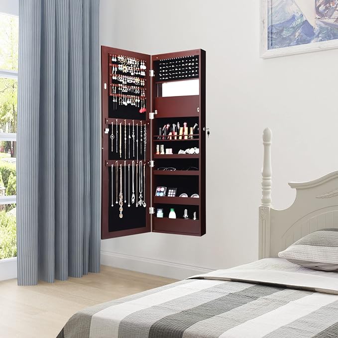 NAFORT 15 LEDs Lockable Mirror Jewelry Armoire Organizer, Christmas Gift Wall Door Mounted Storage Cabinet with Full-Length Mirror, Folding Tray,5 Storage Shelves, Brown