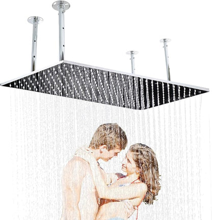 Ceiling Mount Rectangle Rainfall Shower Head, 16x32inch Luxury High Pressure Rain Showerhead with Silicone Nozzles Full Body Fixed Showerheads For Modern Bathroom, Chrome Finish