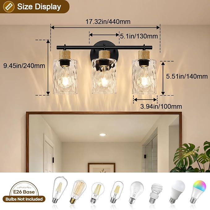 MOKATNG Bathroom Light Fixtures, 3-Light Coastal Vanity Lights with Crystal Glass Shade, Black Bathroom Wall Lamp for Mirror Kitchen Hallway Cabinet
