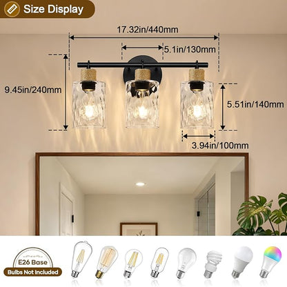 MOKATNG Bathroom Light Fixtures, 3-Light Coastal Vanity Lights with Crystal Glass Shade, Black Bathroom Wall Lamp for Mirror Kitchen Hallway Cabinet