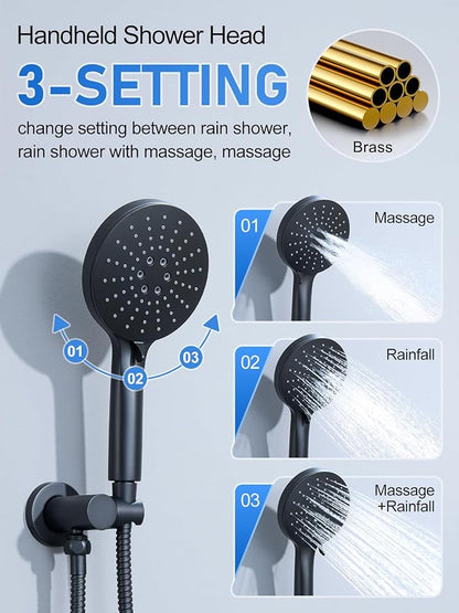 Woindo Shower Faucet Set 10" Rain Shower Head/8'' Side Shower Head and 3 Setting Handheld Ceiling Mount 3 Push Button Diverter Complete Rainfall Round Shower System Included Valve Trim Kit