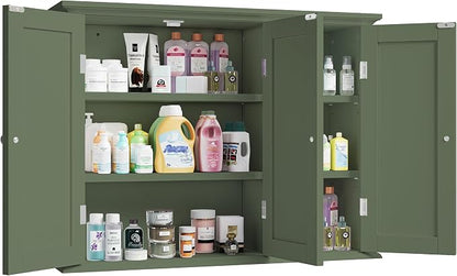 ChooChoo Laundry Cabinet with 3 Doors and Adjustable Shelves | 9.06"D x 31.1"W x 24"H, Bathroom Wall Cabinet, Cupboard, Green