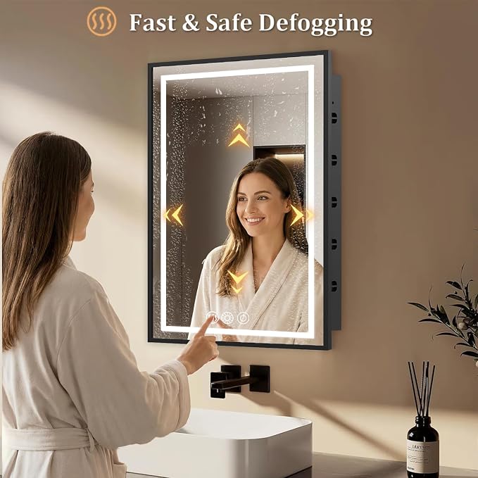 LED Medicine Cabinet Mirror, 22x30 Black Bathroom Storage Cabinet | Anti-fog mirror, Dimmable & 3 color lighting, adjustable shelves, plug in & wall switch, recessed & wall mounted installation