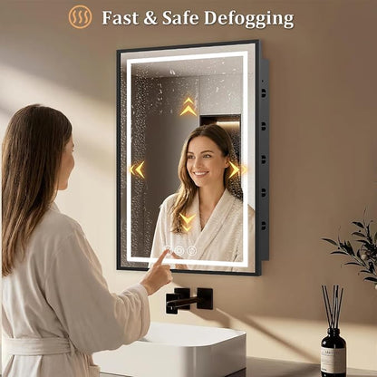 LED Medicine Cabinet Mirror, 22x30 Black Bathroom Storage Cabinet | Anti-fog mirror, Dimmable & 3 color lighting, adjustable shelves, plug in & wall switch, recessed & wall mounted installation
