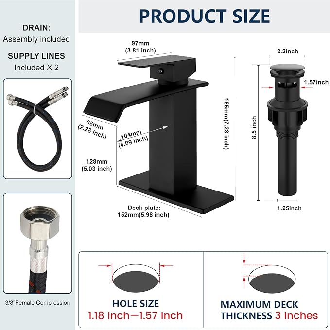 Midanya Waterfall Bathroom Sink Faucet 1 Hole,Matte Black | with cUPC Hoses,Pop Up Drain,Deck Plate,for 1 or 3 hole sink,Vanity,RV,Lavatory,Basin,Farmhouse,Stainless Steel,Single Handle