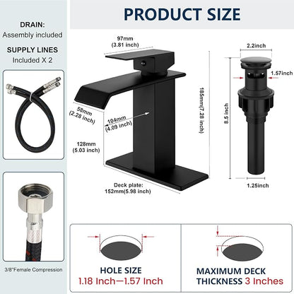 Midanya Waterfall Bathroom Sink Faucet 1 Hole,Matte Black | with cUPC Hoses,Pop Up Drain,Deck Plate,for 1 or 3 hole sink,Vanity,RV,Lavatory,Basin,Farmhouse,Stainless Steel,Single Handle