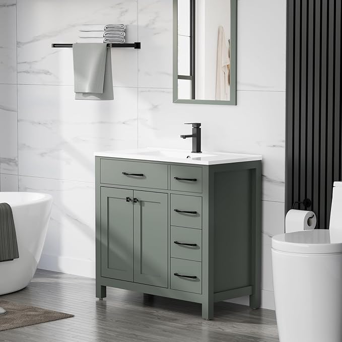 LUCKWIND 36" Bathroom Vanity with Sink Combo, Painted Modern Bathroom Storage Cabinet with Ceramic Sink, Two Doors and Three Drawers, Include Faucet, Without Mirror, Green
