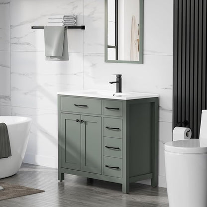 LUCKWIND 36" Bathroom Vanity with Sink Combo, Painted Modern Bathroom Storage Cabinet with Ceramic Sink, Two Doors and Three Drawers, Include Faucet, Without Mirror, Green