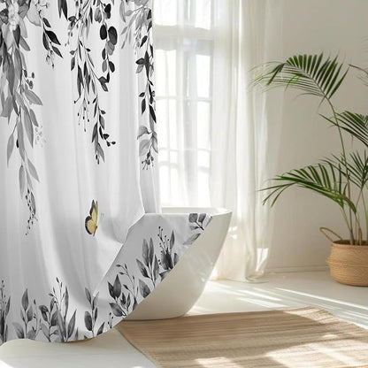 No Hook Shower Curtain and Liner Set, Grey Eucalyptus 71x84 | Floral Design, with Snap in Liner, Waterproof, Machine Washable, Quick-Drying, for Hotel Bathroom