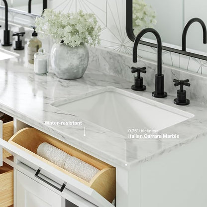 ARIEL Hepburn 66-inch Bathroom Vanity with Sink,Solid Wood, 0.75-inch Italian Carrara Marble Countertop, Double Rectangular Porcelain Sink, 4 Soft Closing Doors, 6 Dovetail Drawers, White