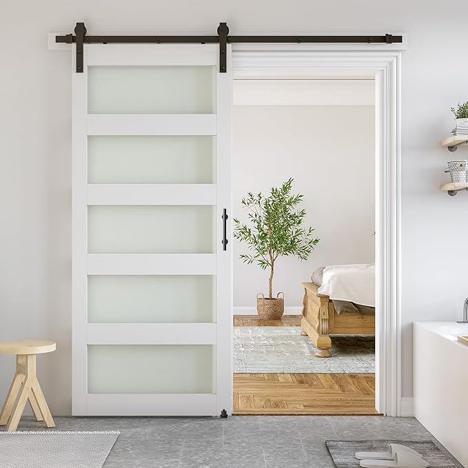 SMARTSTANDARD 36 x 84 in Glass Barn Door with 6.6FT Sliding Hardware Kit | Pre-Drilled Ready to Assemble, Waterproof PVC Coating, White, 5-Panel Glass