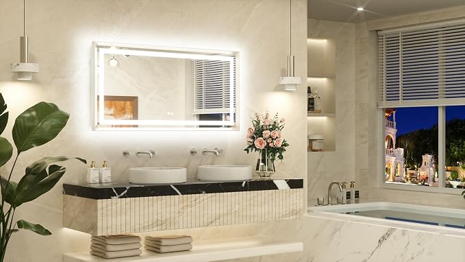 48 x 24 Bathroom LED Mirror Brushed Nickel Metal Frame Frontlit & Backlit Vanity Mirror Stepless Dimmable Anti-Fog 3 Colors White/Warm/Natural Light up Vanity Mirror Wall-Mounted