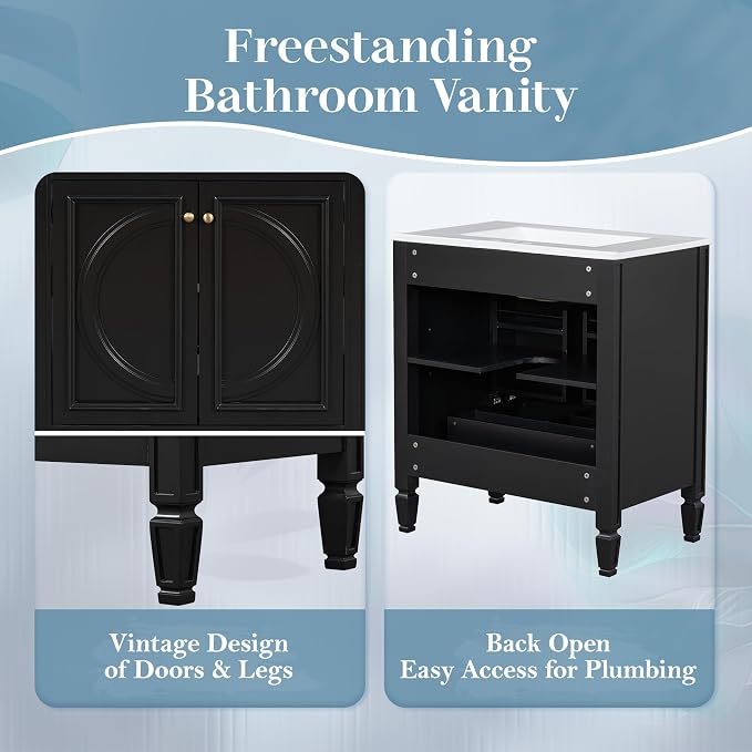 Christopher Knight Home Benton 30" Bathroom Vanity with Ceramic Sink, Rubberwood Frame, Adjustable Shelves, Soft Close Door Hinges, Storage Cabinet with 2-Tier Door Organizer, 1 Drawer, Black