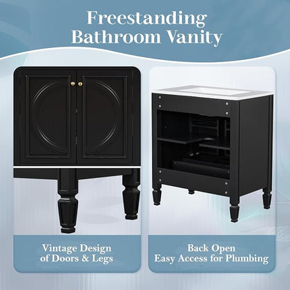 Christopher Knight Home Benton 30" Bathroom Vanity with Ceramic Sink, Rubberwood Frame, Adjustable Shelves, Soft Close Door Hinges, Storage Cabinet with 2-Tier Door Organizer, 1 Drawer, Black