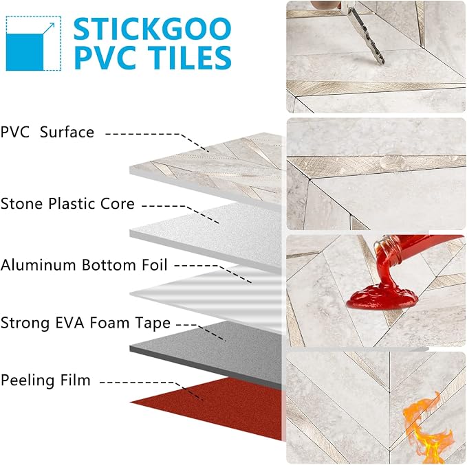 STICKGOO 10-Sheet Herringbone Tile Peel and Stick Backsplash, Beige Mixed Metal Gold PVC Stick on Backsplash, Self Adhesive Wall Tile for Kitchen and Bathroom | 10-Sheet Self Adhesive Wall Tiles, Beige Mixed Metal Gold PVC Stick on Backsplash Tile for ...