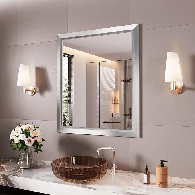 Bathroom Mirror for Wall, 28x32 Inch (Brushed Silver) | HD Reflection, Tempered Glass, Thick Metal Framed Rectangle Mirrors for Over Sink, Bedroom, Living Room, Entryway, Anti-Rust.