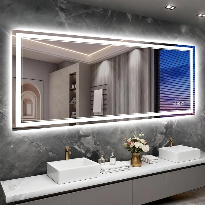 72x32 Inch LED Bathroom Mirror with Lights, 3 Colors Dimmable LED Vanity Mirror, Front and Back Lit, Anti-Fog, Memory Function, Shatterproof Tempered Glass, ETL Listed, Wall Mounted Makeup Mirror